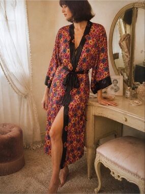 Rare Vintage Christian Dior Floral Satin Robe Lingerie 80s Petite Small